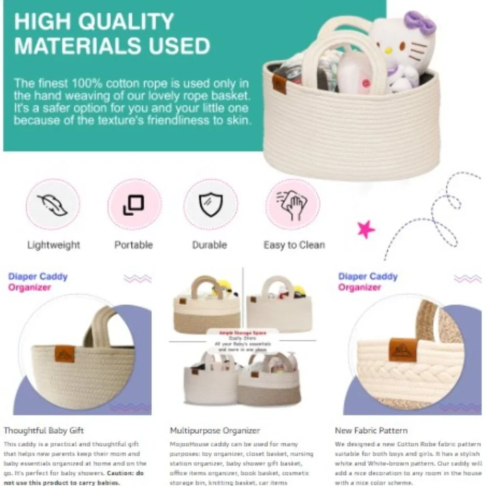 Cotton Rope Diaper Basket Caddy - Baby Diaper Bag - Nursery/ Car Organizer